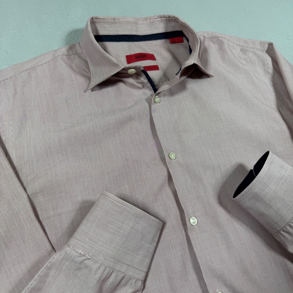 Hugo Boss Mens Sharp Fit Easy Iron Dress Shirt Burgundy White Stripe 16 32/33